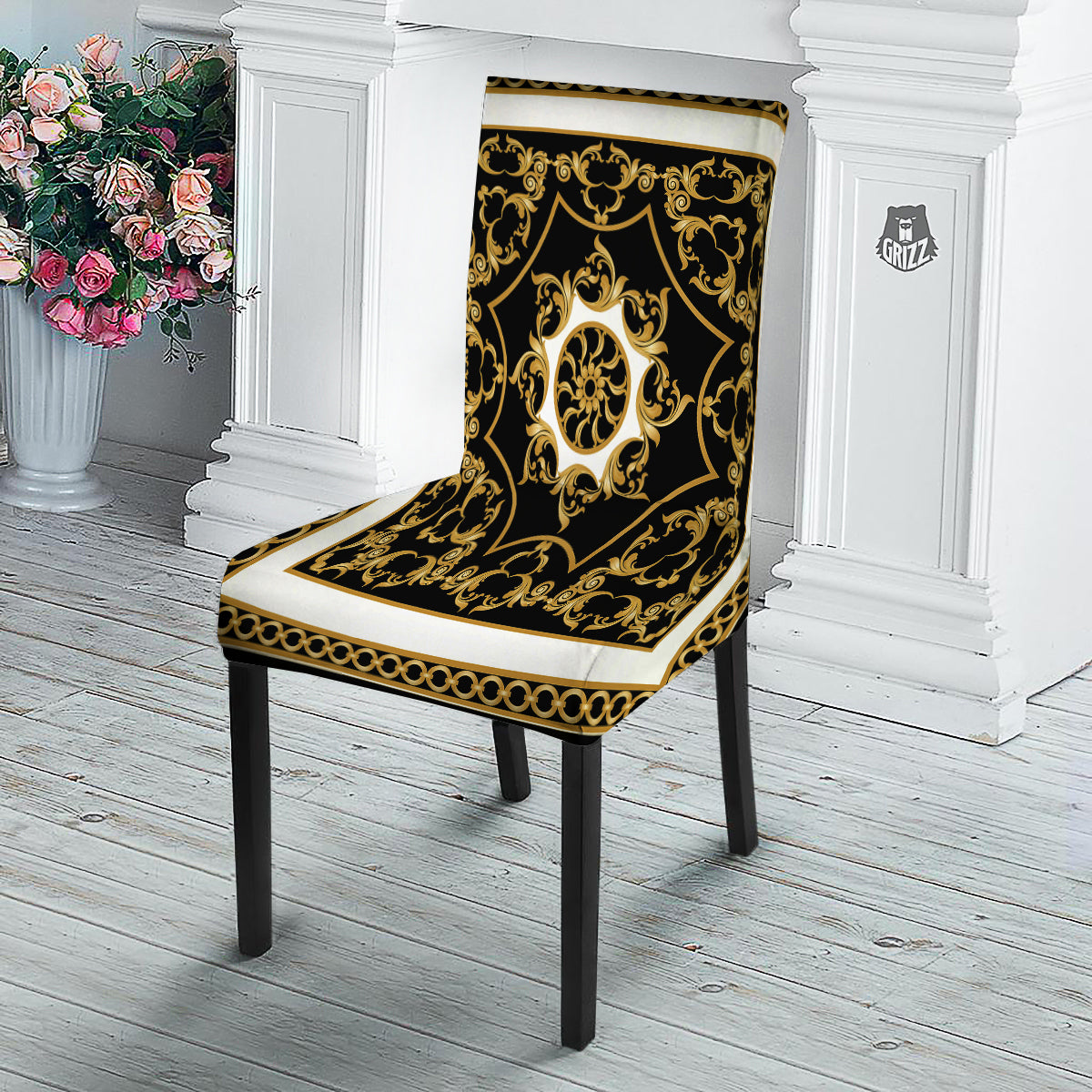 Golden Floral Baroque Black White Print Dining Chair Slipcover-grizzshop