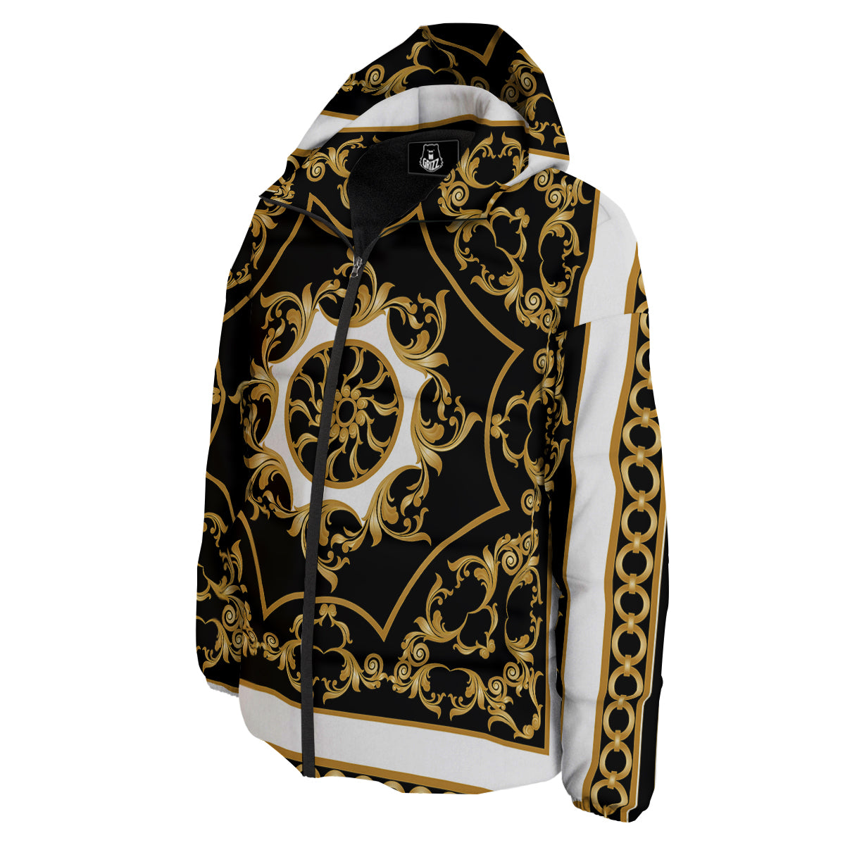 Golden Floral Baroque Black White Print Down Jacket-grizzshop