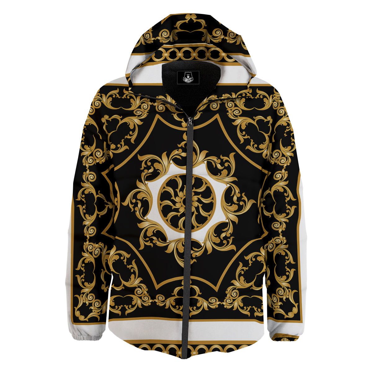 Golden Floral Baroque Black White Print Down Jacket-grizzshop