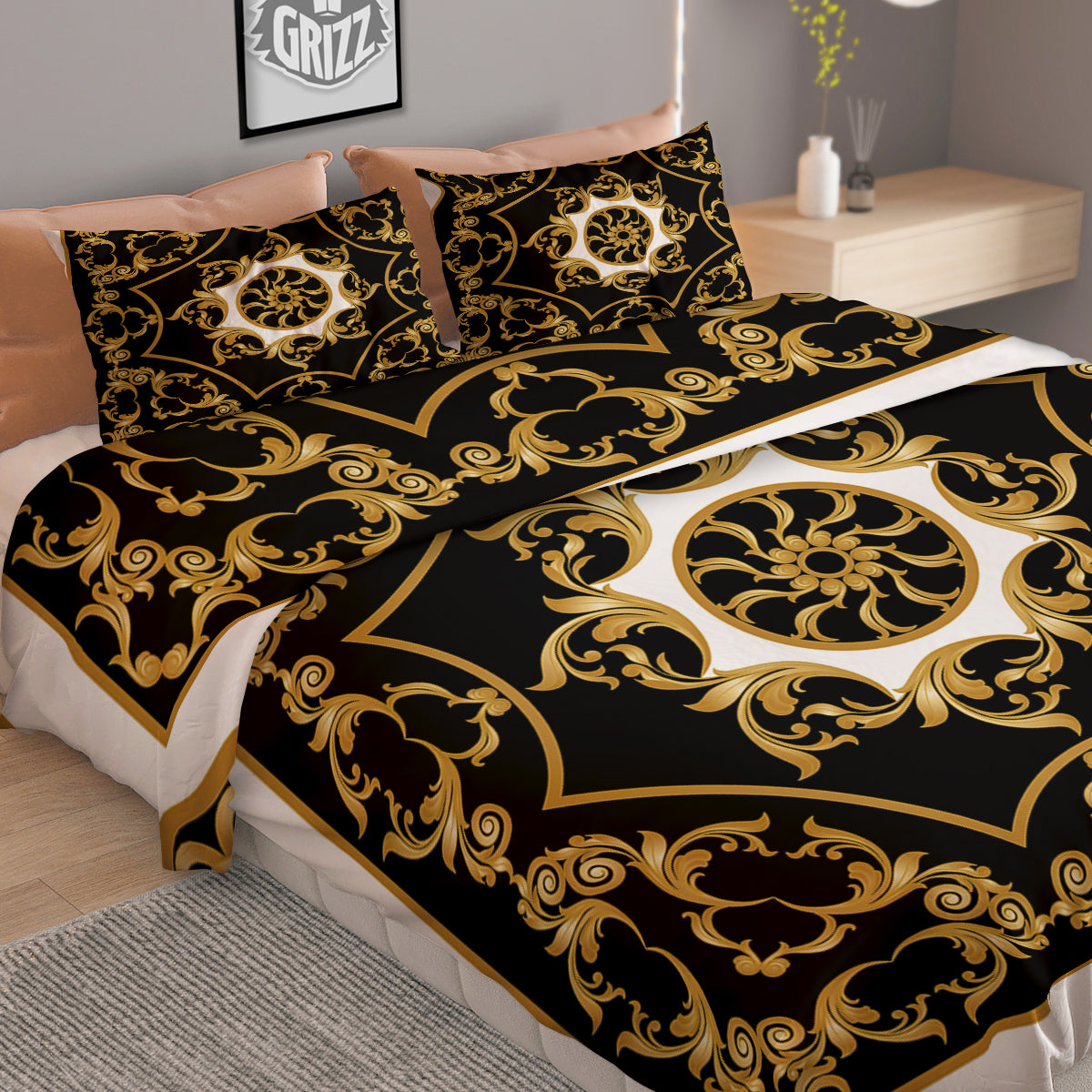 Golden Floral Baroque Black White Print Duvet Cover Bedding Set