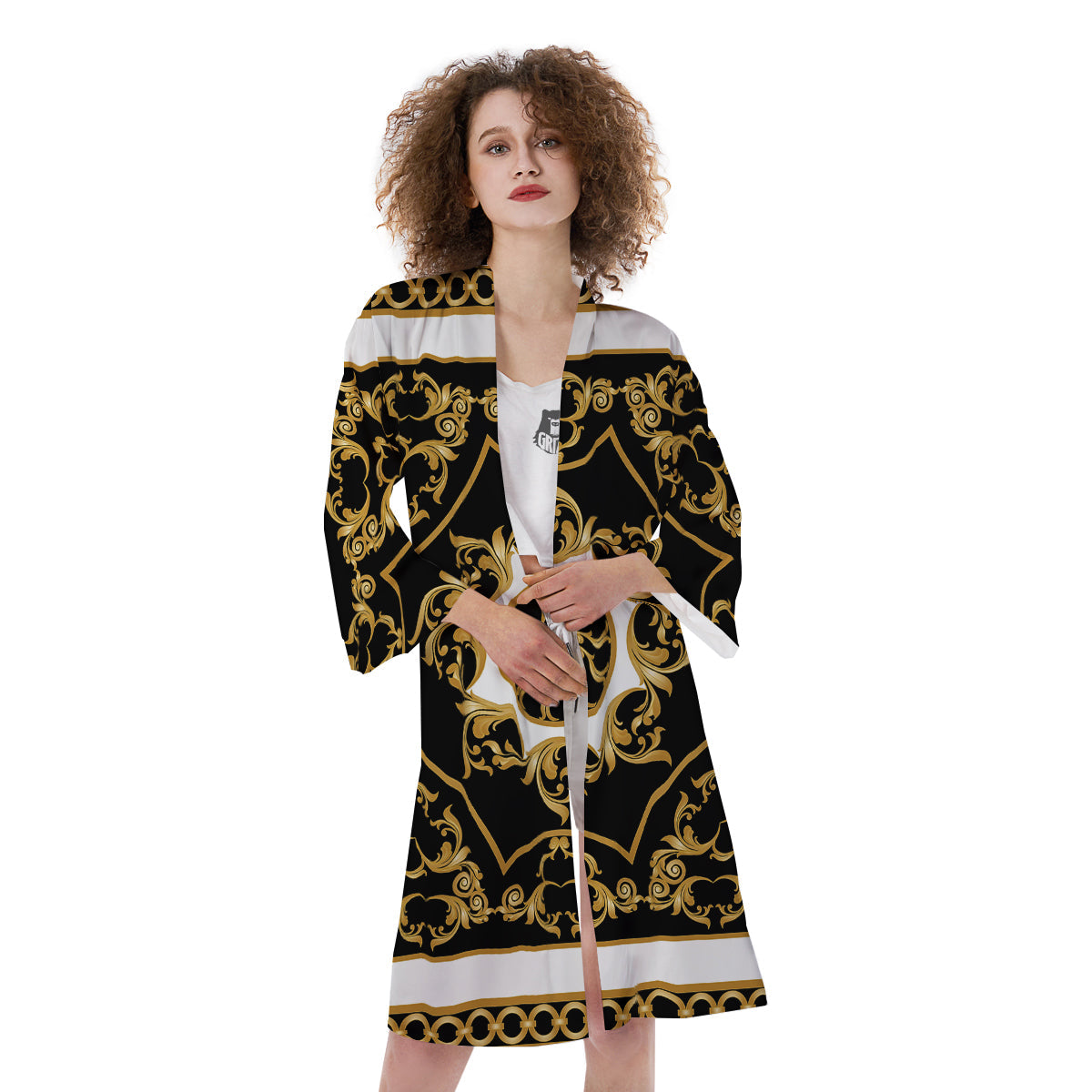 Golden Floral Baroque Black White Print Kimono-grizzshop