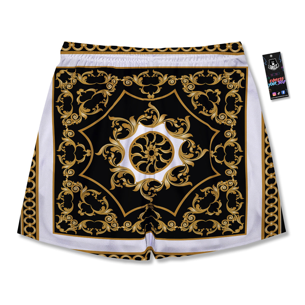 Golden Floral Baroque Black White Print Men's Running Shorts-grizzshop