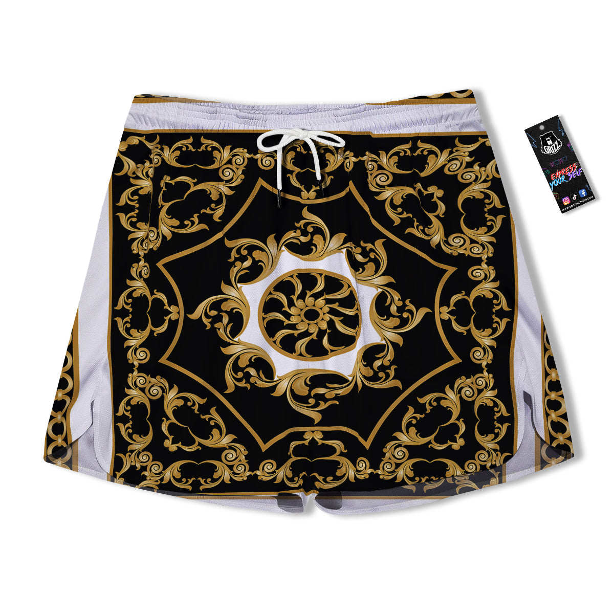 Golden Floral Baroque Black White Print Men's Running Shorts-grizzshop