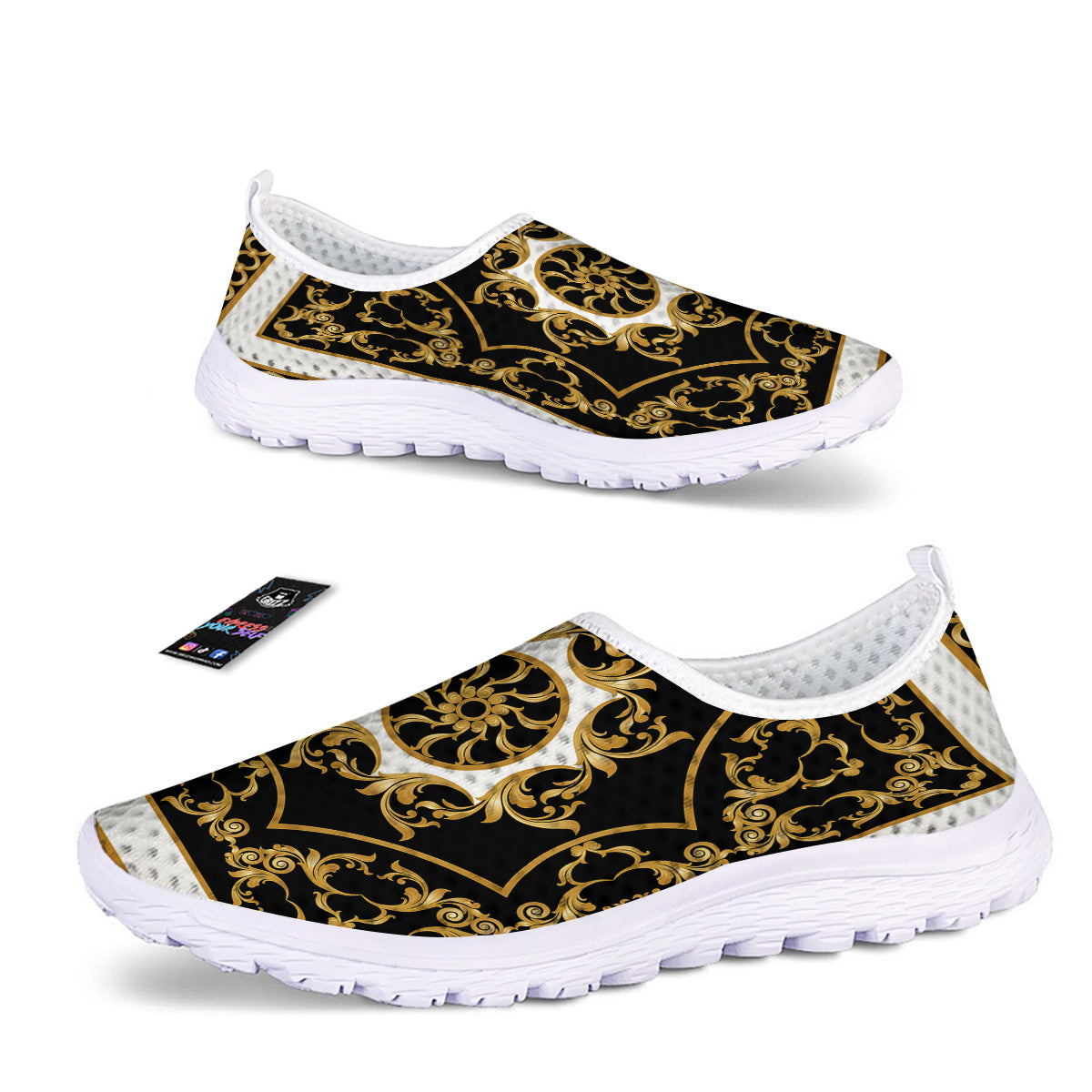 Golden Floral Baroque Black White Print Nurse Shoes-grizzshop