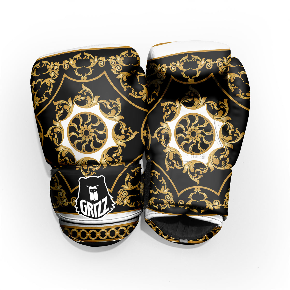 Golden Floral Baroque Black White Print Pro Boxing Glove