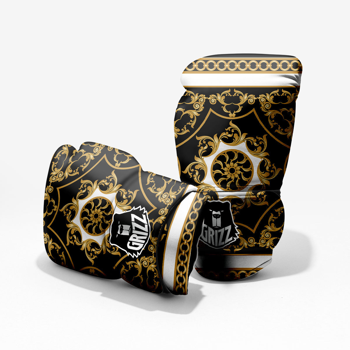Golden Floral Baroque Black White Print Pro Boxing Glove