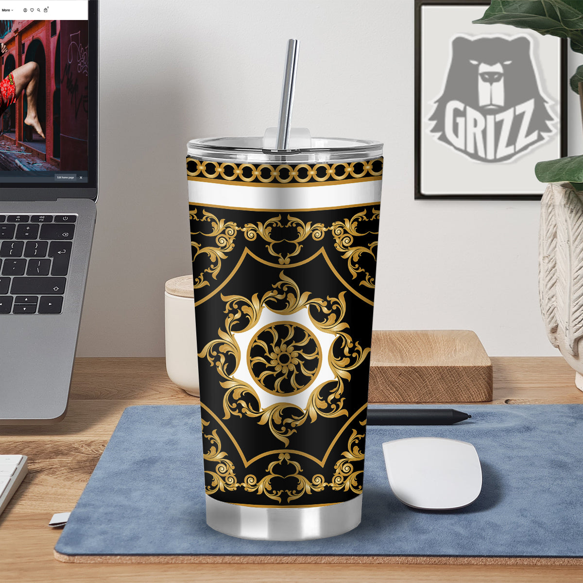 Golden Floral Baroque Black White Print Tumbler-grizzshop