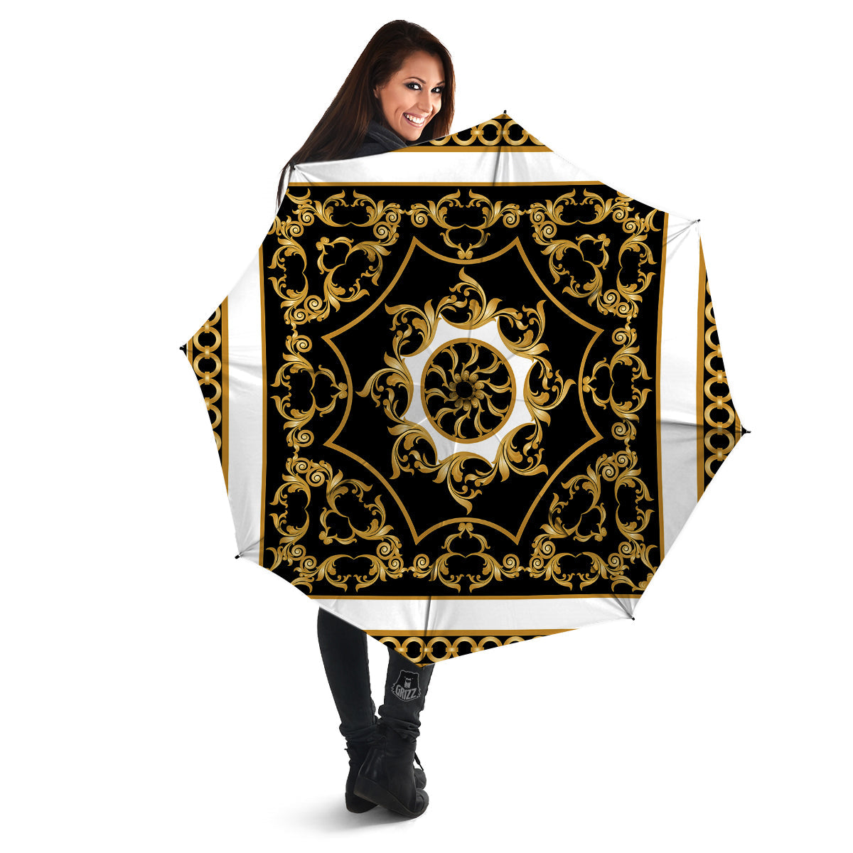 Golden Floral Baroque Black White Print Umbrella-grizzshop