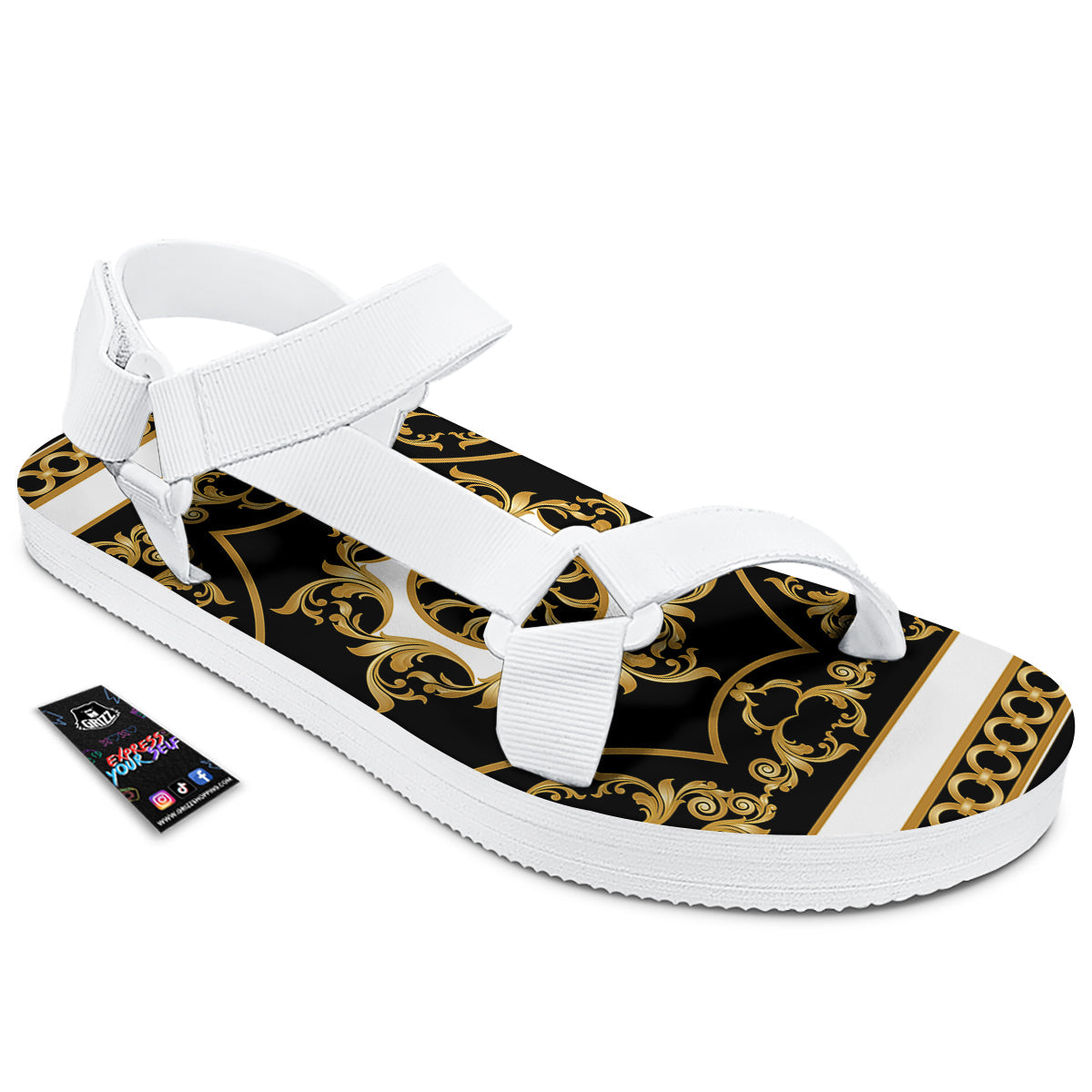 Golden Floral Baroque Black White Print White Open Toe Sandals-grizzshop