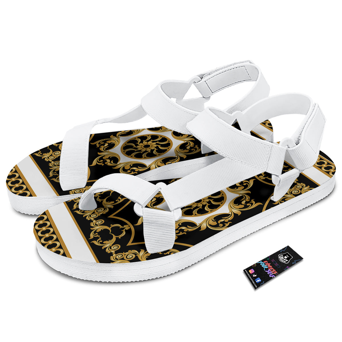 Golden Floral Baroque Black White Print White Open Toe Sandals-grizzshop