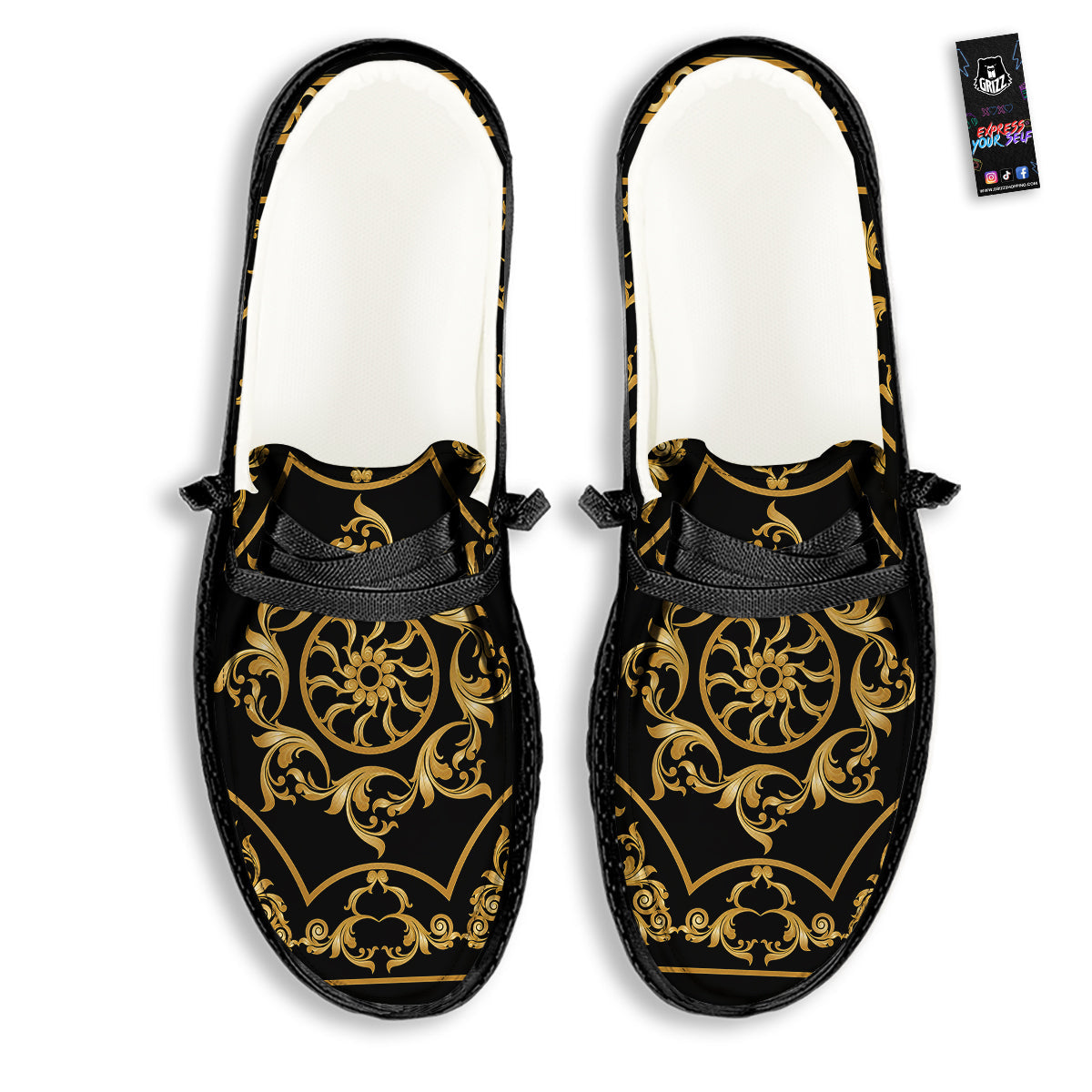 Golden Floral Baroque Print Black Loafers-grizzshop