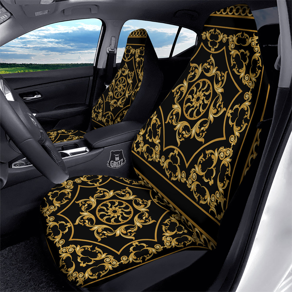 Golden Floral Baroque Print Car Seat Covers-grizzshop