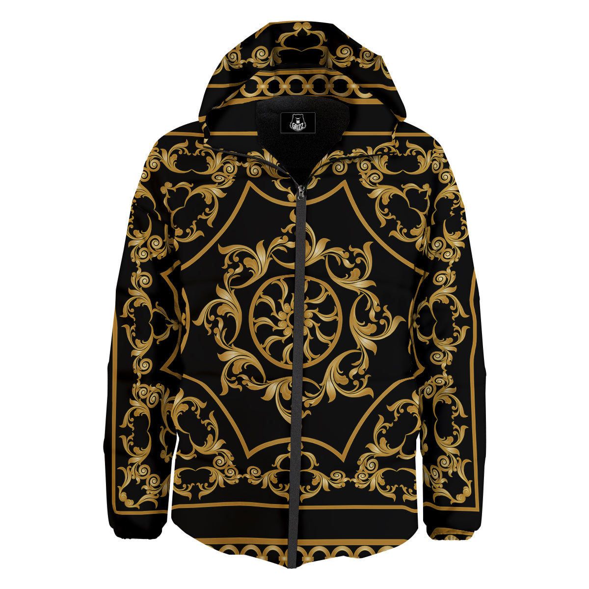 Golden Floral Baroque Print Down Jacket-grizzshop