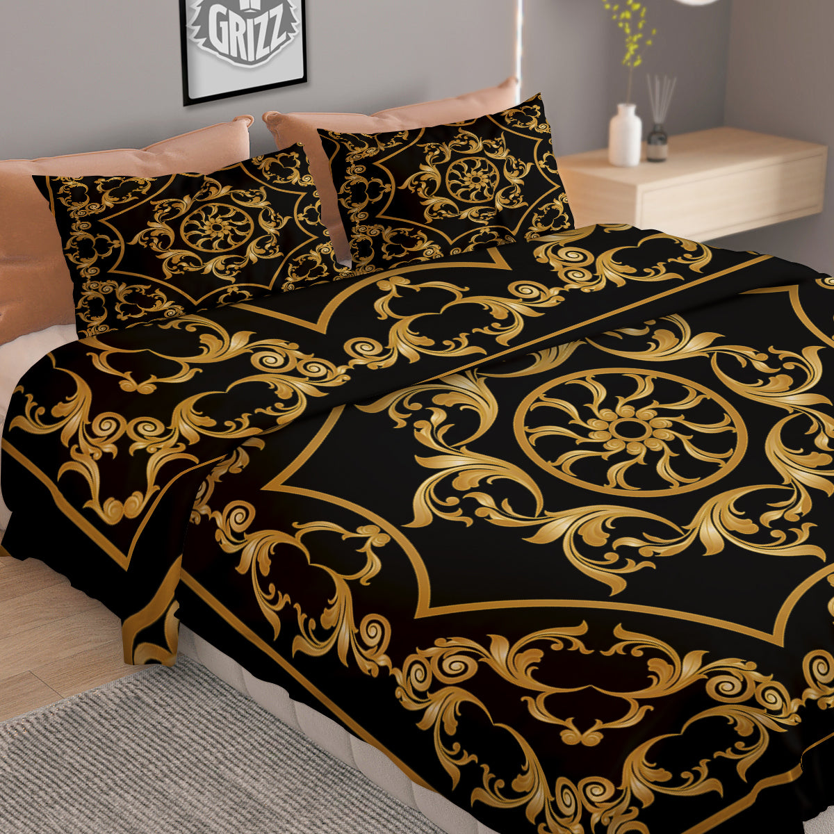 Golden Floral Baroque Print Duvet Cover Bedding Set