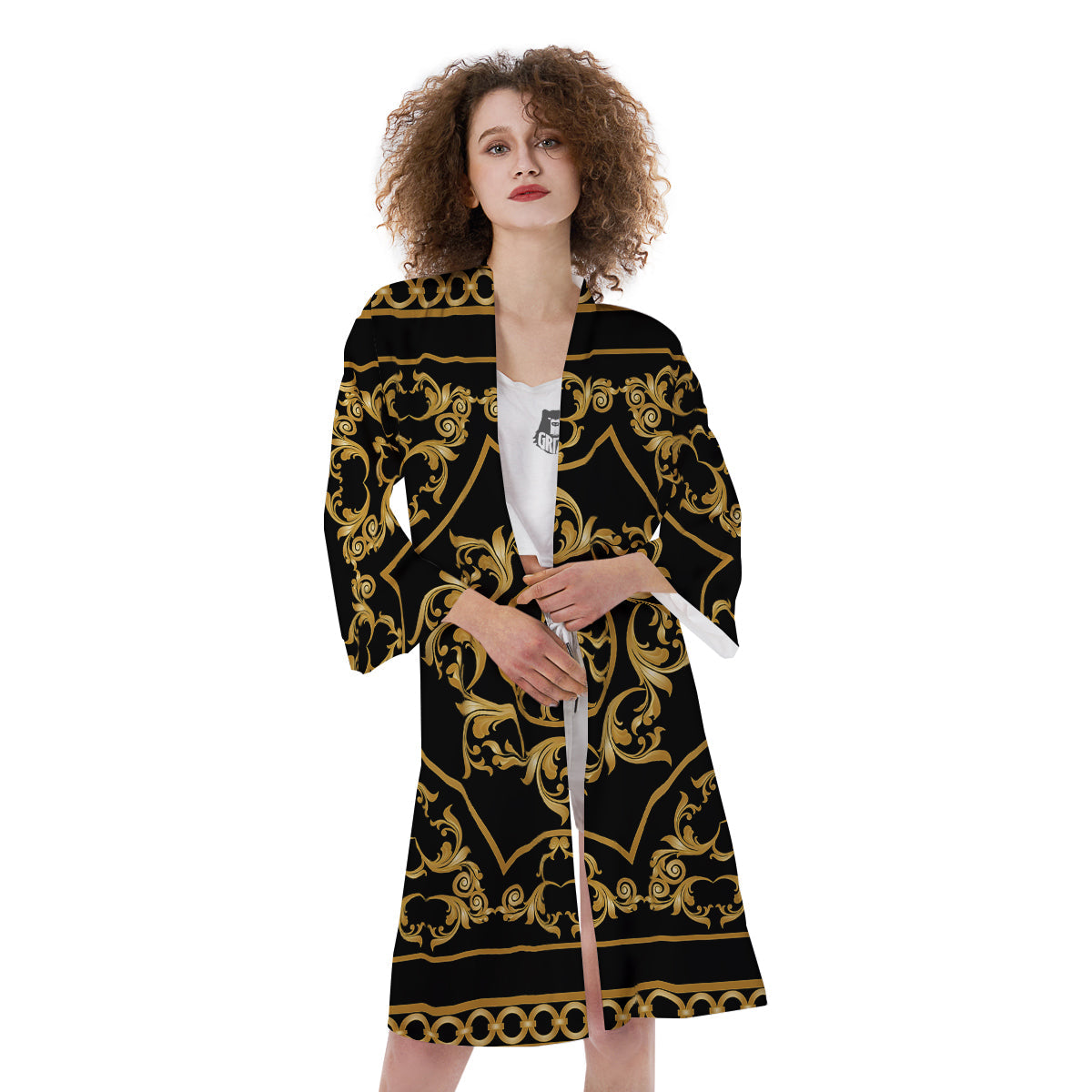 Golden Floral Baroque Print Kimono-grizzshop