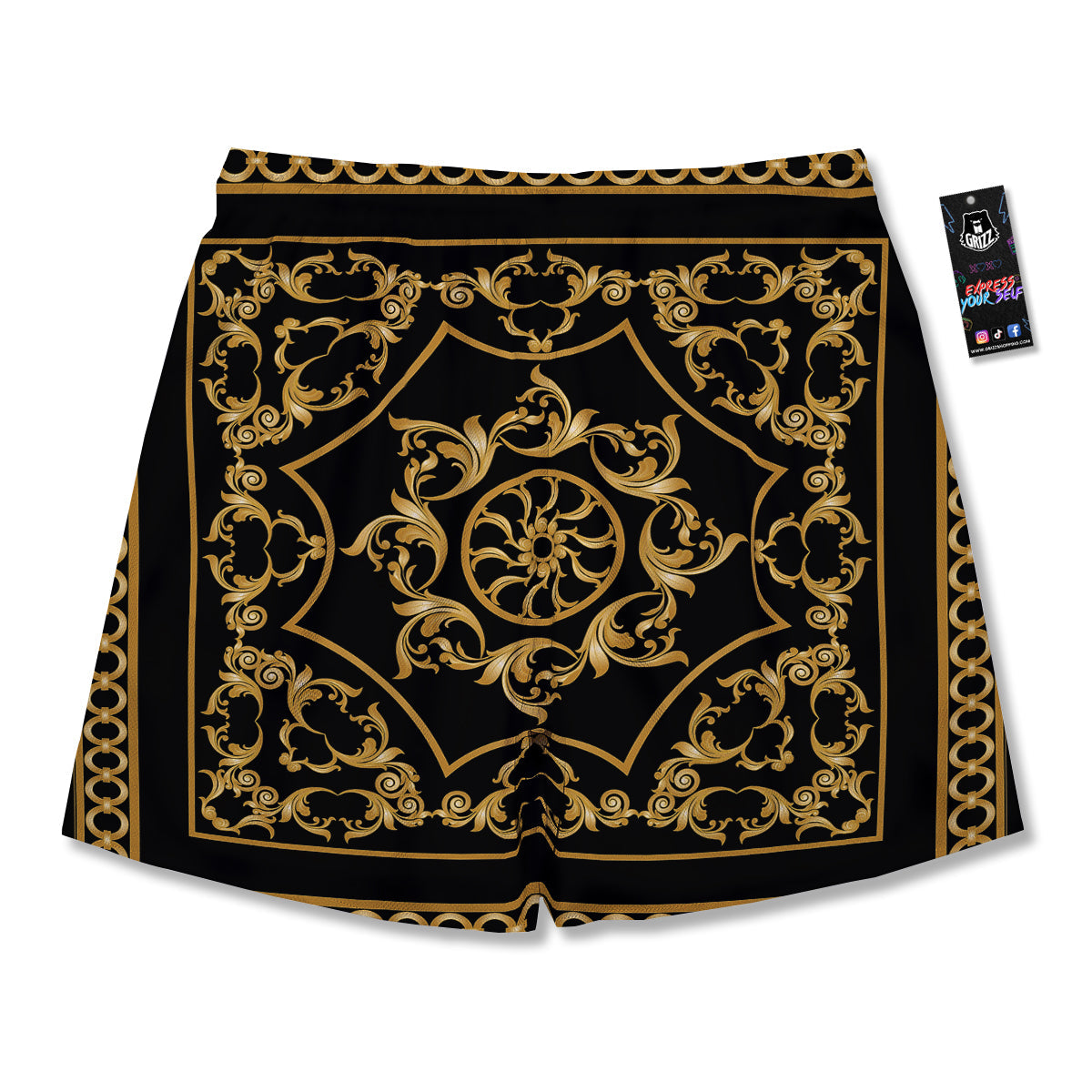 Golden Floral Baroque Print Men's Running Shorts-grizzshop