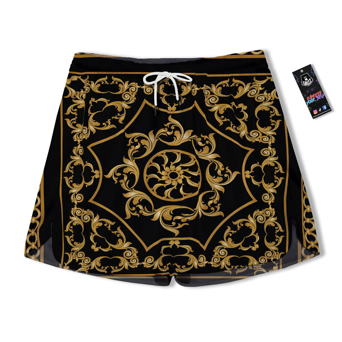 Golden Floral Baroque Print Men's Running Shorts-grizzshop