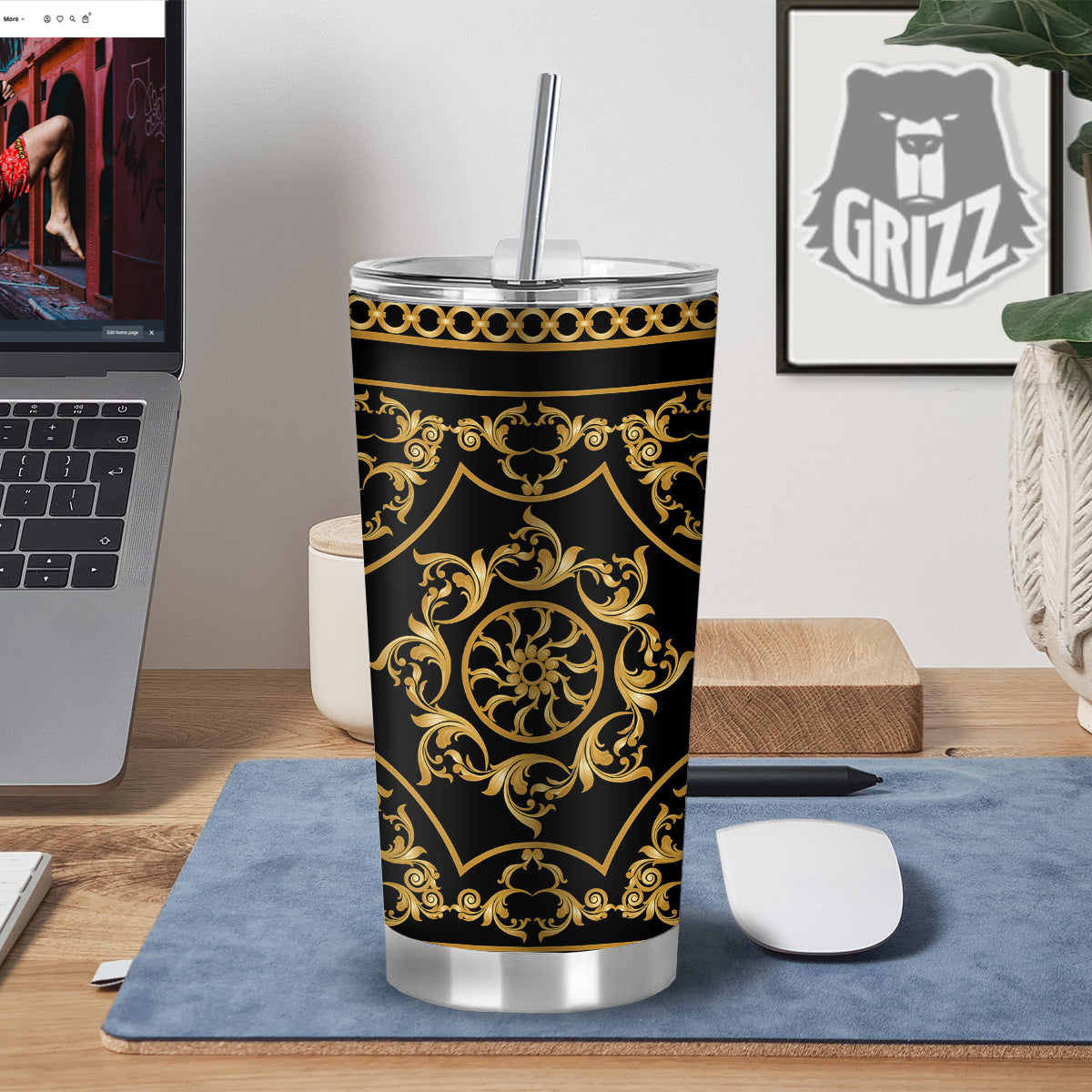 Golden Floral Baroque Print Tumbler-grizzshop