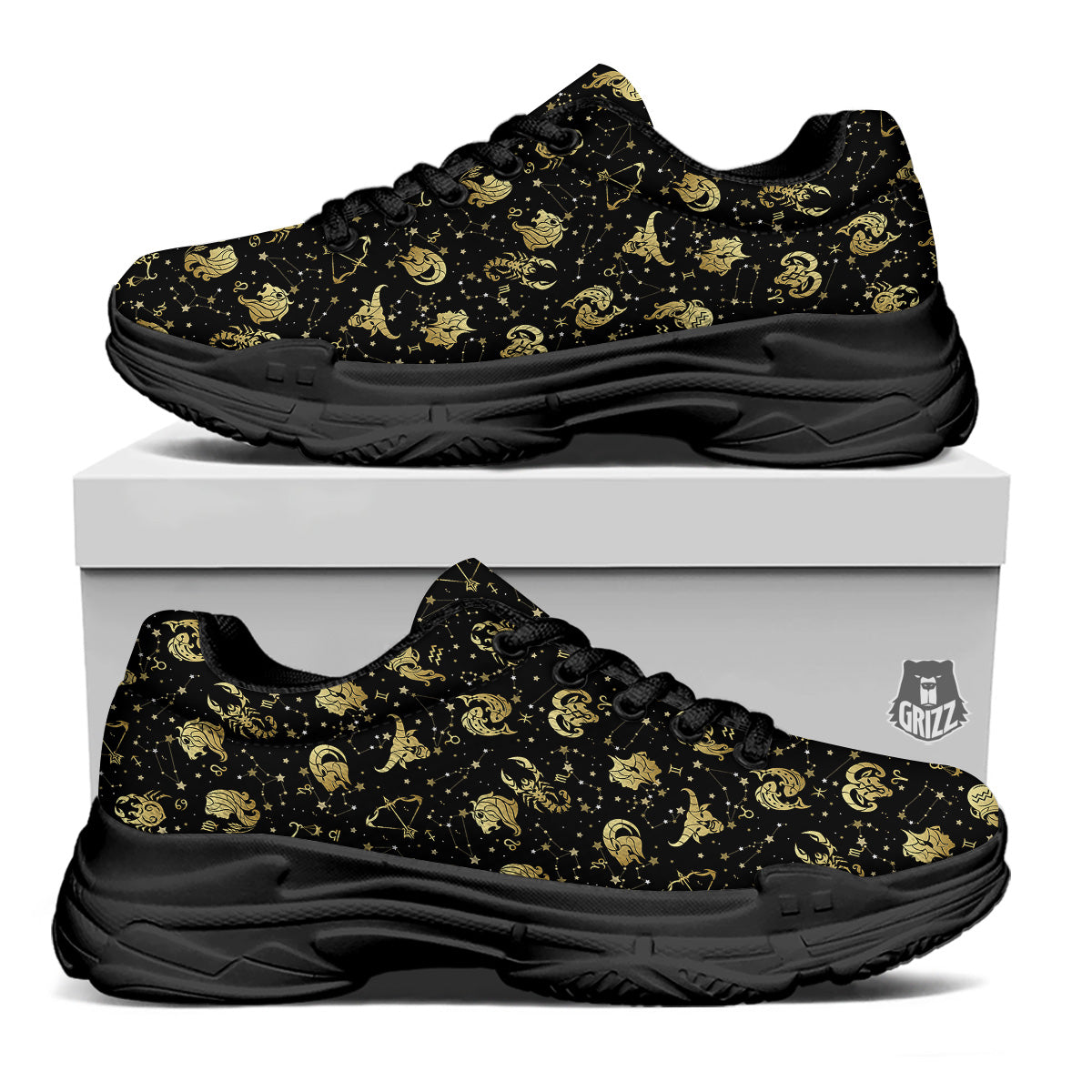 Golden Horoscope Zodiac Signs Print Pattern Black Chunky Shoes-grizzshop