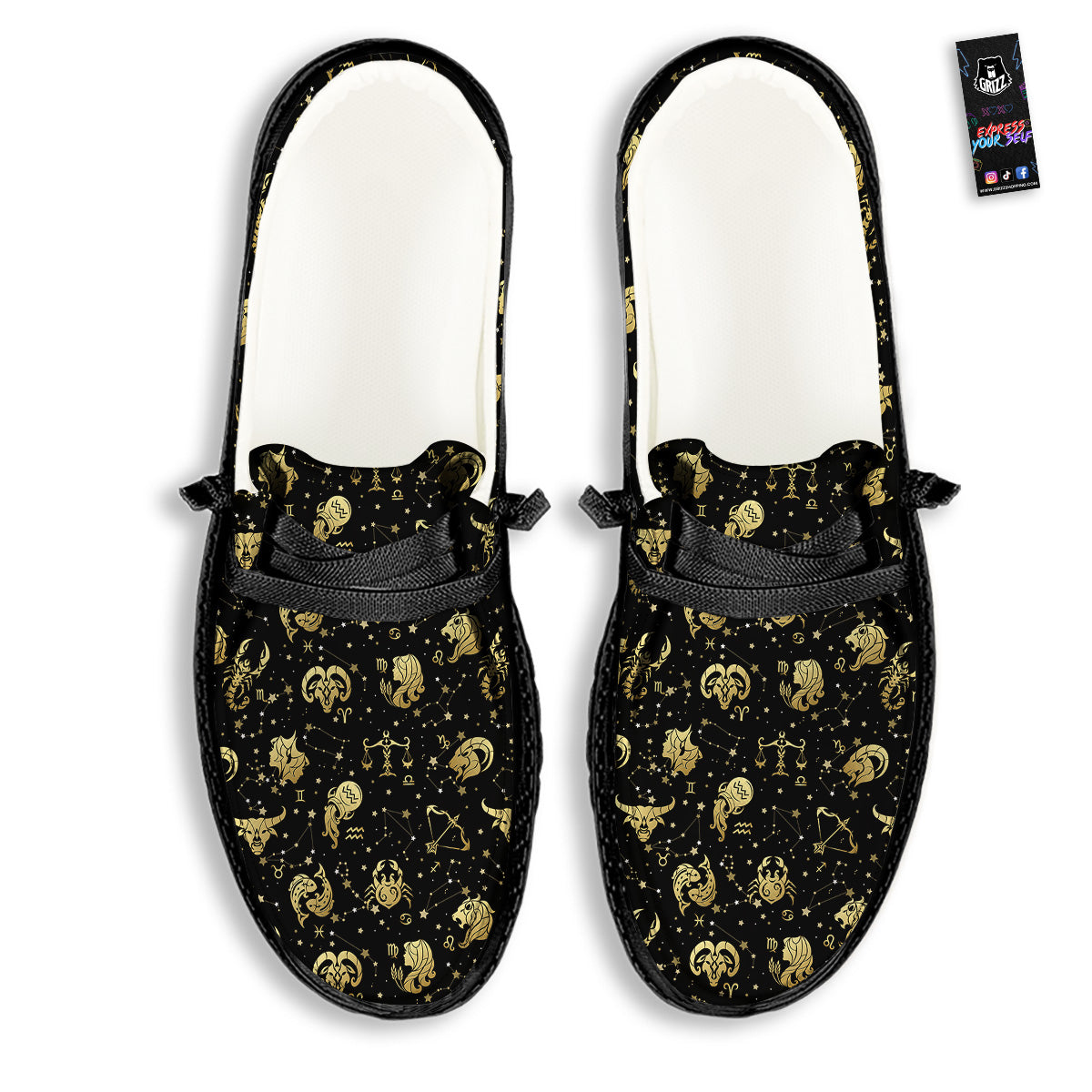 Golden Horoscope Zodiac Signs Print Pattern Black Loafers-grizzshop