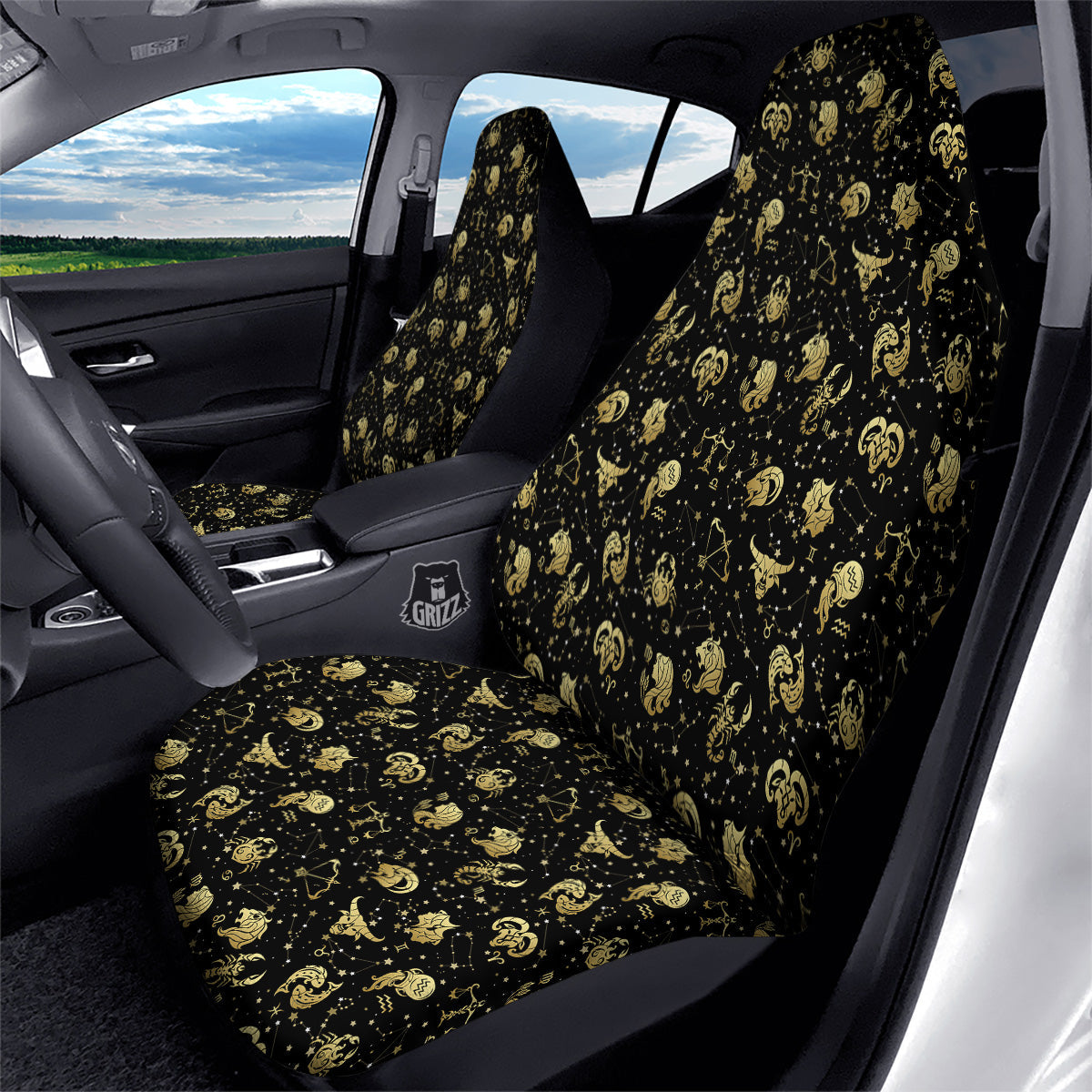 Golden Horoscope Zodiac Signs Print Pattern Car Seat Covers-grizzshop