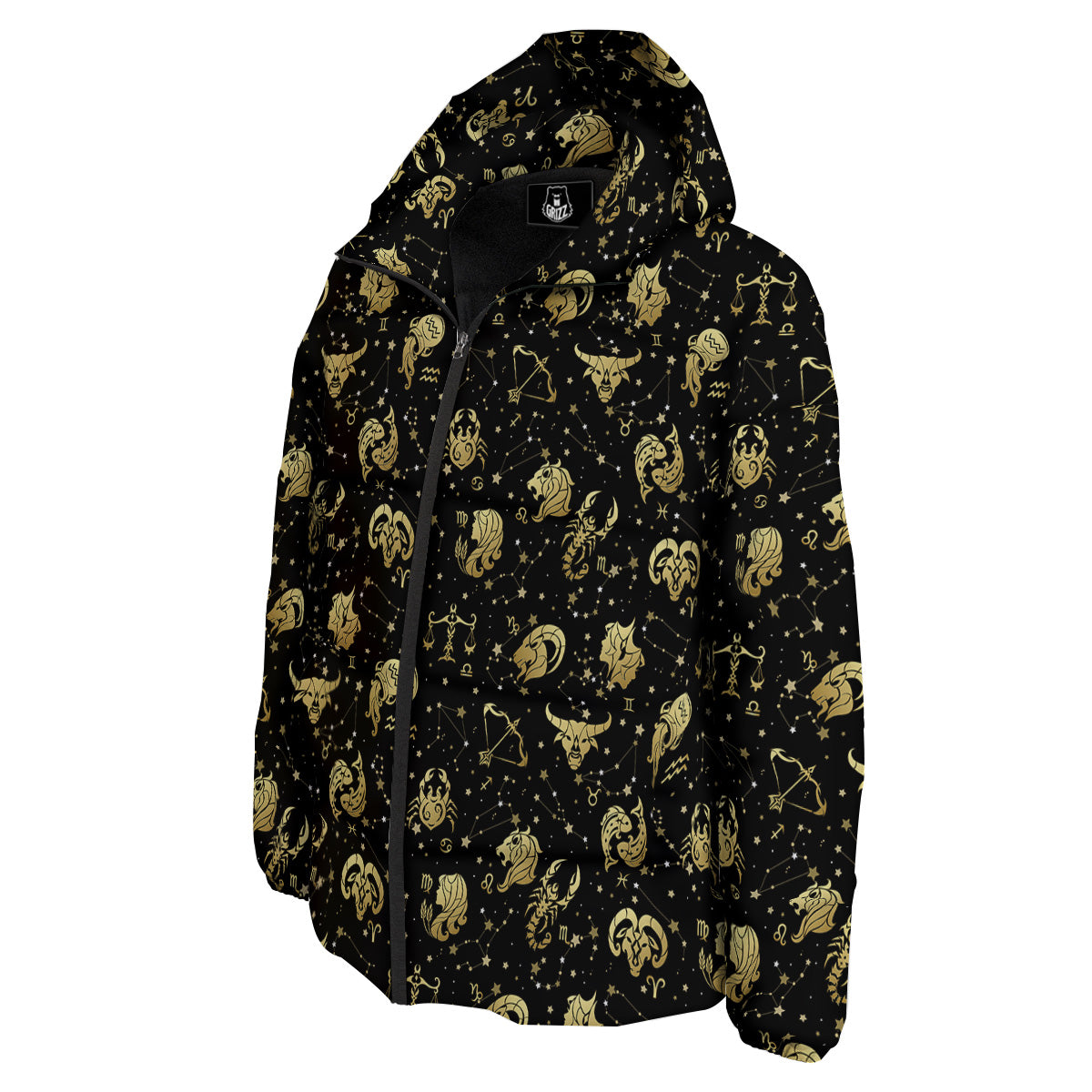 Golden Horoscope Zodiac Signs Print Pattern Down Jacket-grizzshop
