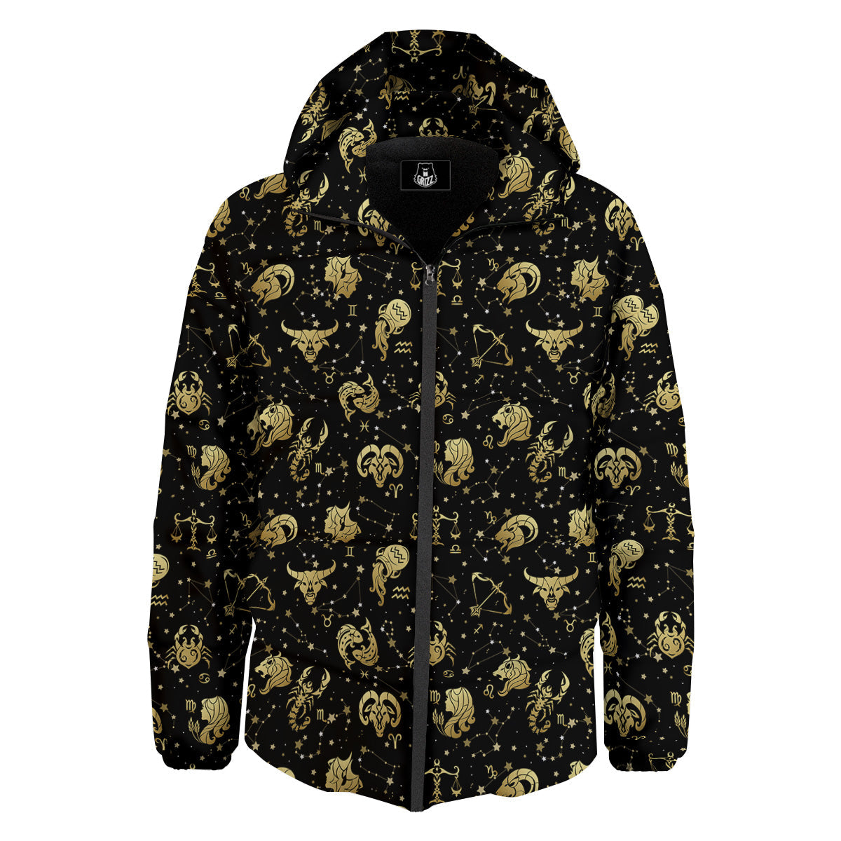 Golden Horoscope Zodiac Signs Print Pattern Down Jacket-grizzshop