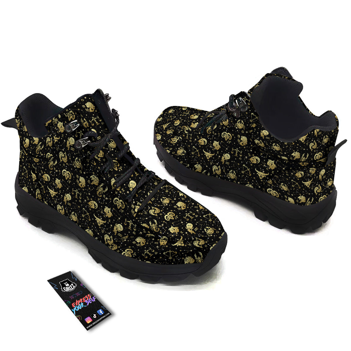 Golden Horoscope Zodiac Signs Print Pattern Hiking Shoes-grizzshop