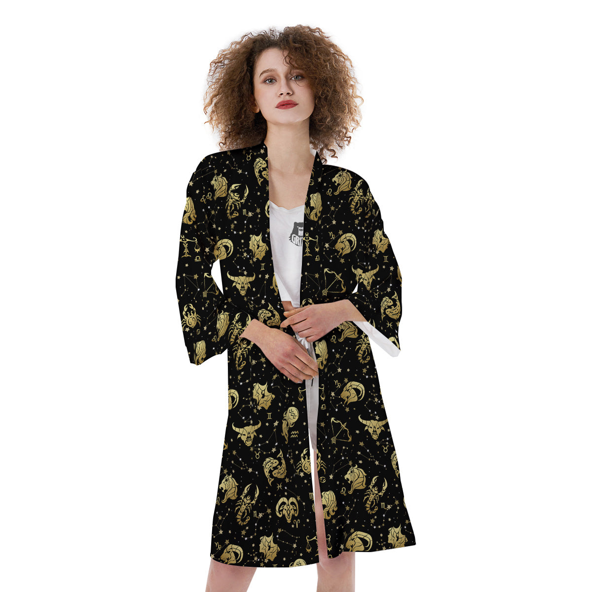 Golden Horoscope Zodiac Signs Print Pattern Kimono-grizzshop