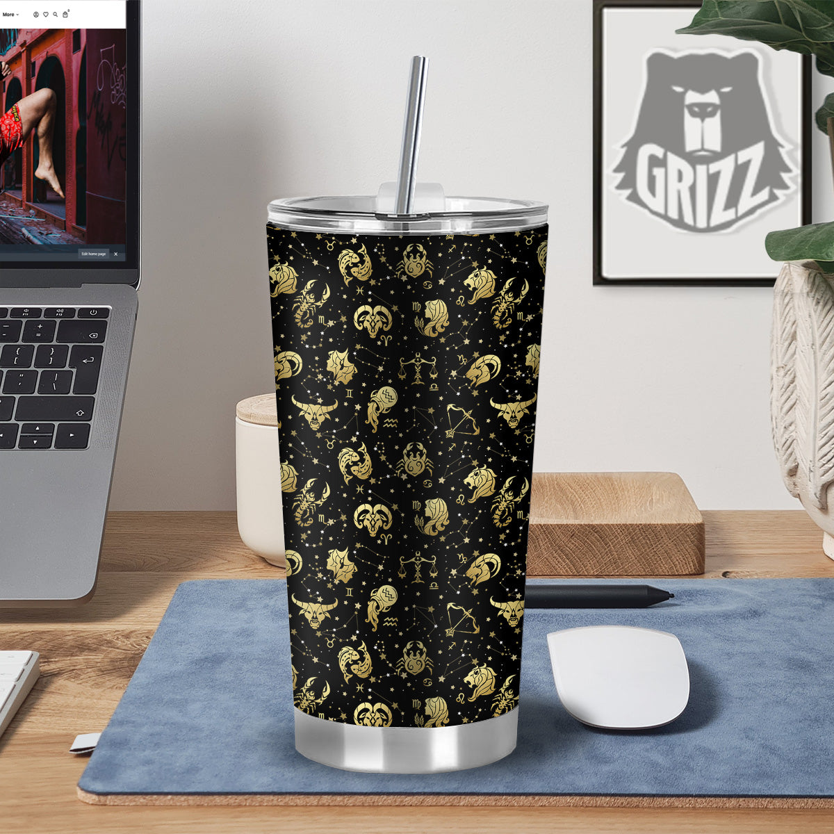 Golden Horoscope Zodiac Signs Print Pattern Tumbler-grizzshop