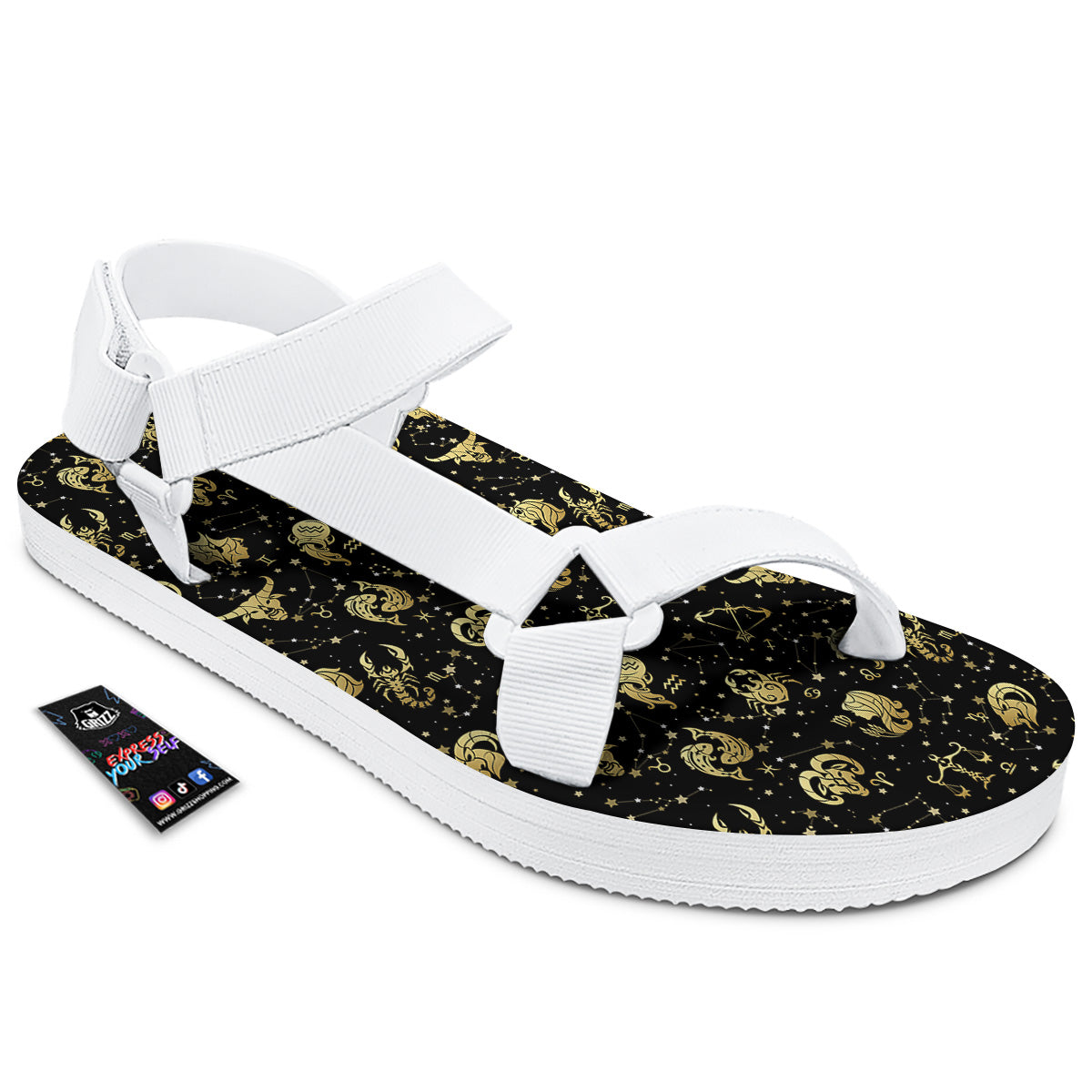 Golden Horoscope Zodiac Signs Print Pattern White Open Toe Sandals-grizzshop