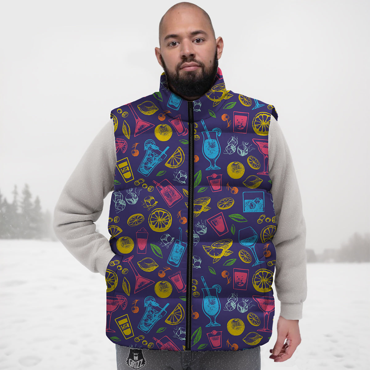 Golden Lotus Pattern Print Down Vest