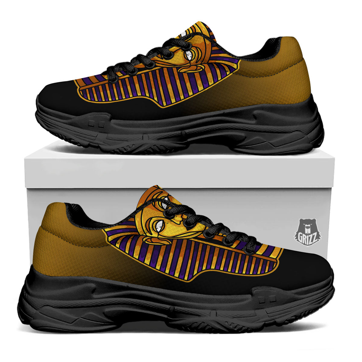 Golden Pharaoh Egyptian Print Black Chunky Shoes-grizzshop