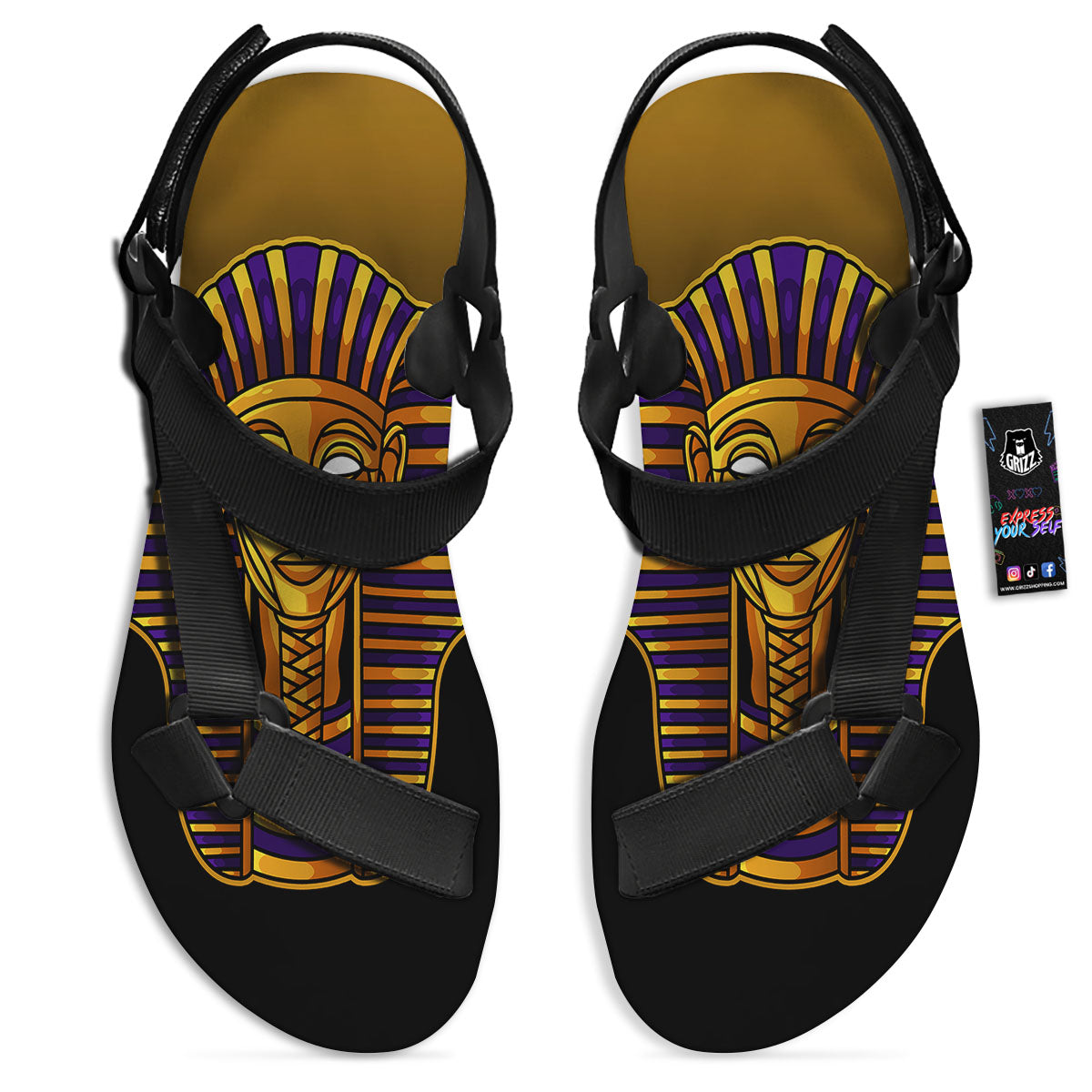 Golden Pharaoh Egyptian Print Black Open Toe Sandals-grizzshop