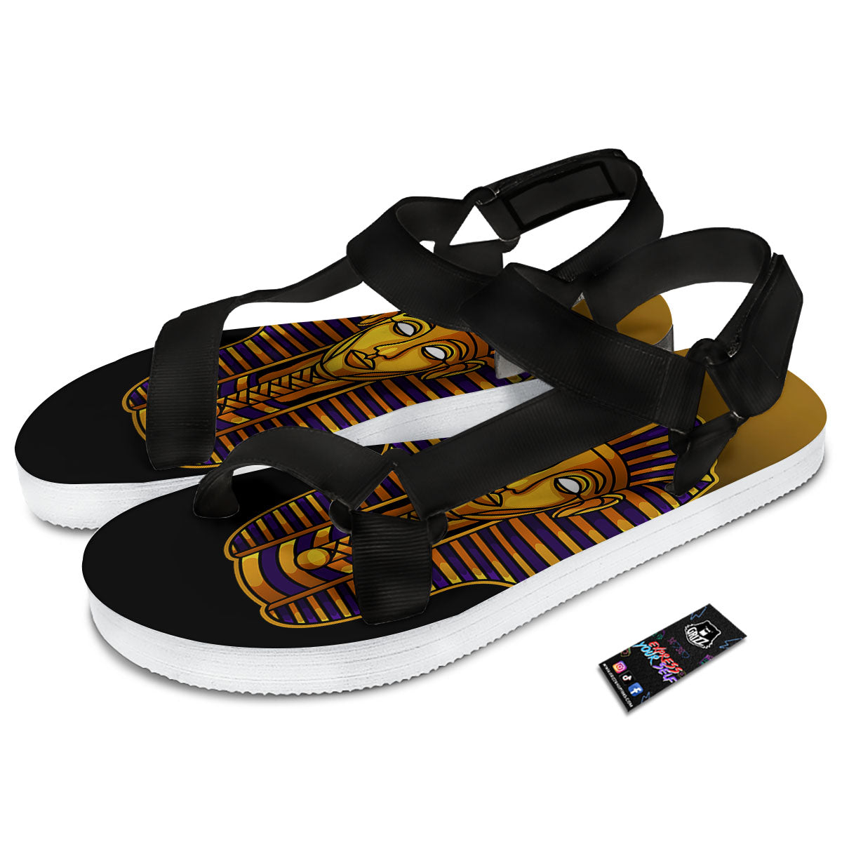 Golden Pharaoh Egyptian Print Black Open Toe Sandals-grizzshop