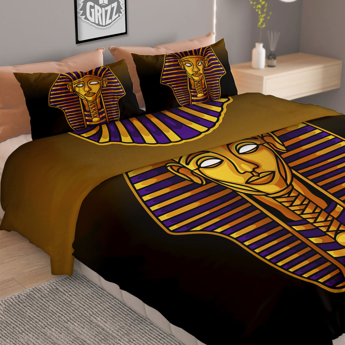 Golden Pharaoh Egyptian Print Duvet Cover Bedding Set