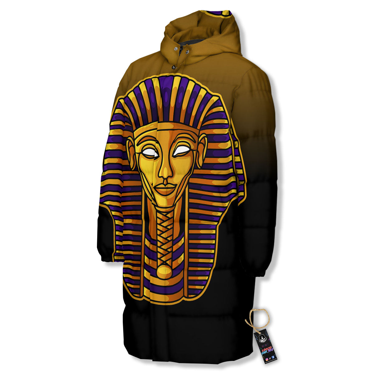 Golden Pharaoh Egyptian Print Long Down Jacket-grizzshop