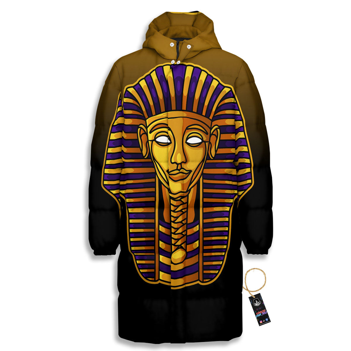 Golden Pharaoh Egyptian Print Long Down Jacket-grizzshop