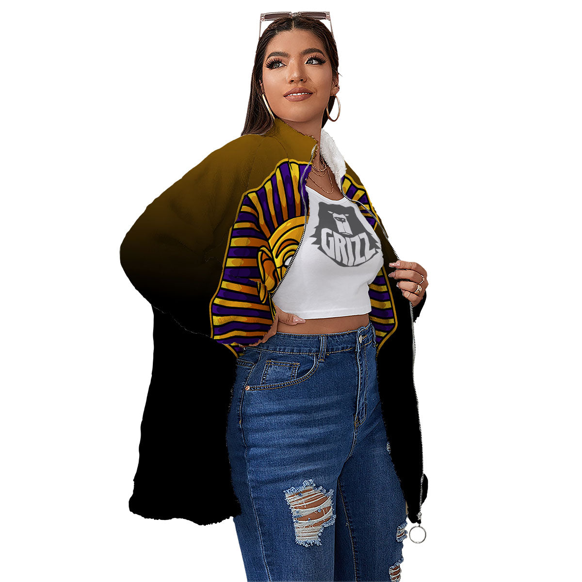 Golden Pharaoh Egyptian Print Women's Sherpa Jacket-grizzshop
