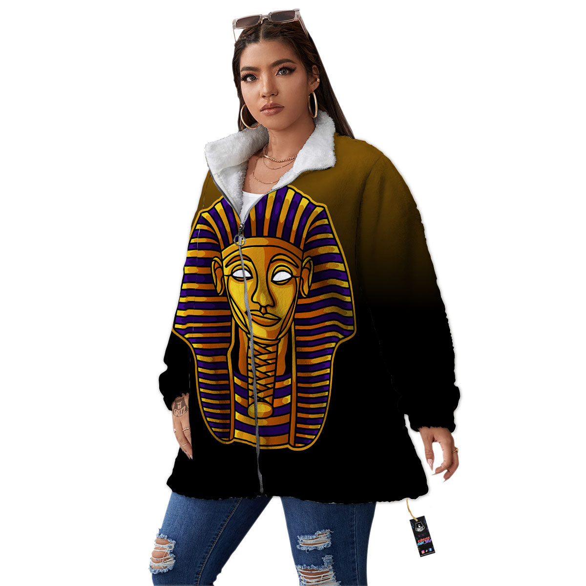 Golden Pharaoh Egyptian Print Women's Sherpa Jacket-grizzshop