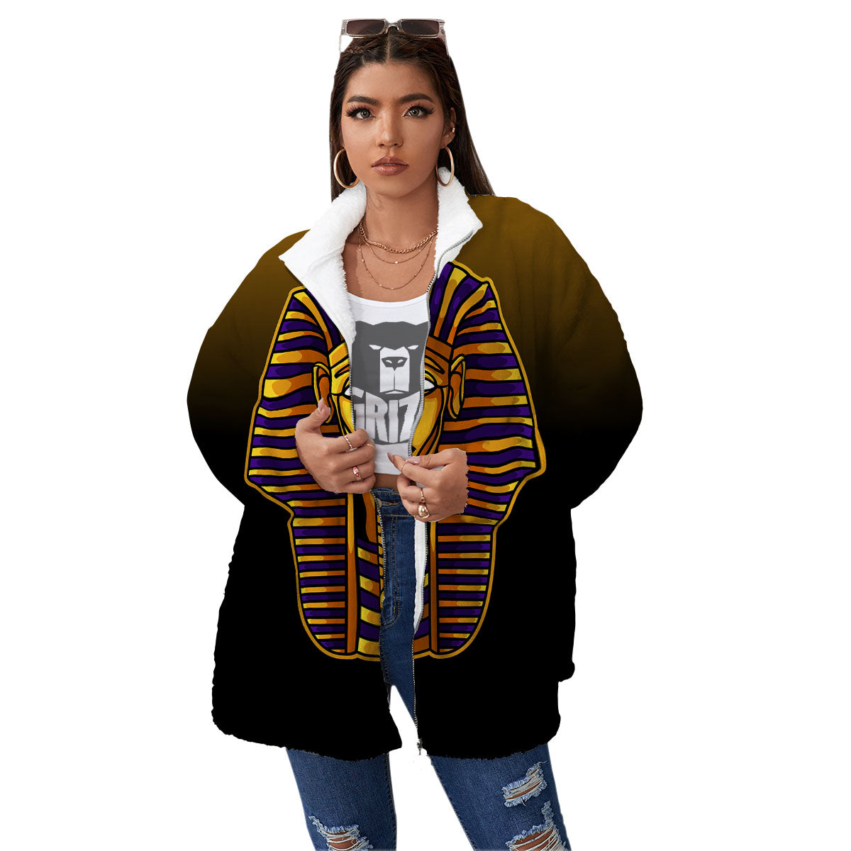 Golden Pharaoh Egyptian Print Women's Sherpa Jacket-grizzshop