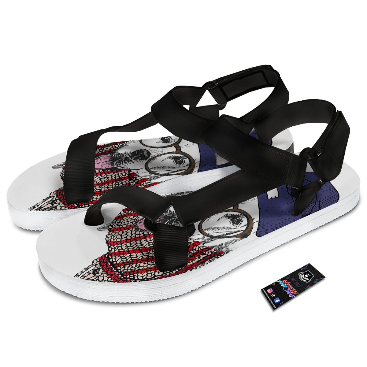 Golden Retriever Hipster Print Black Open Toe Sandals-grizzshop