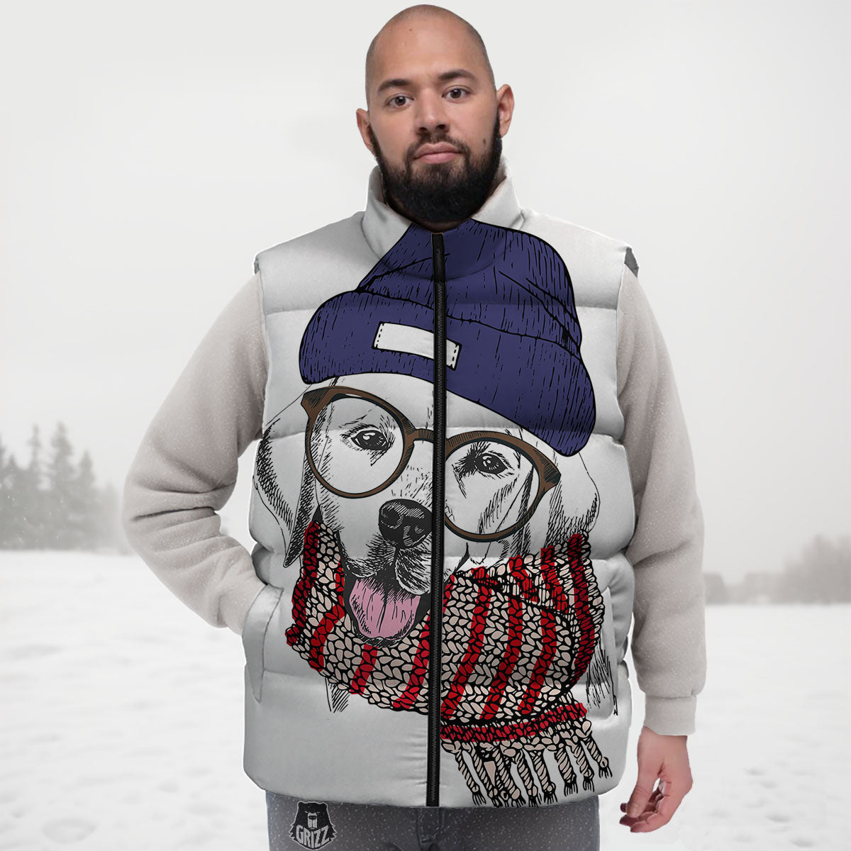 Golden Retriever Hipster Print Down Vest