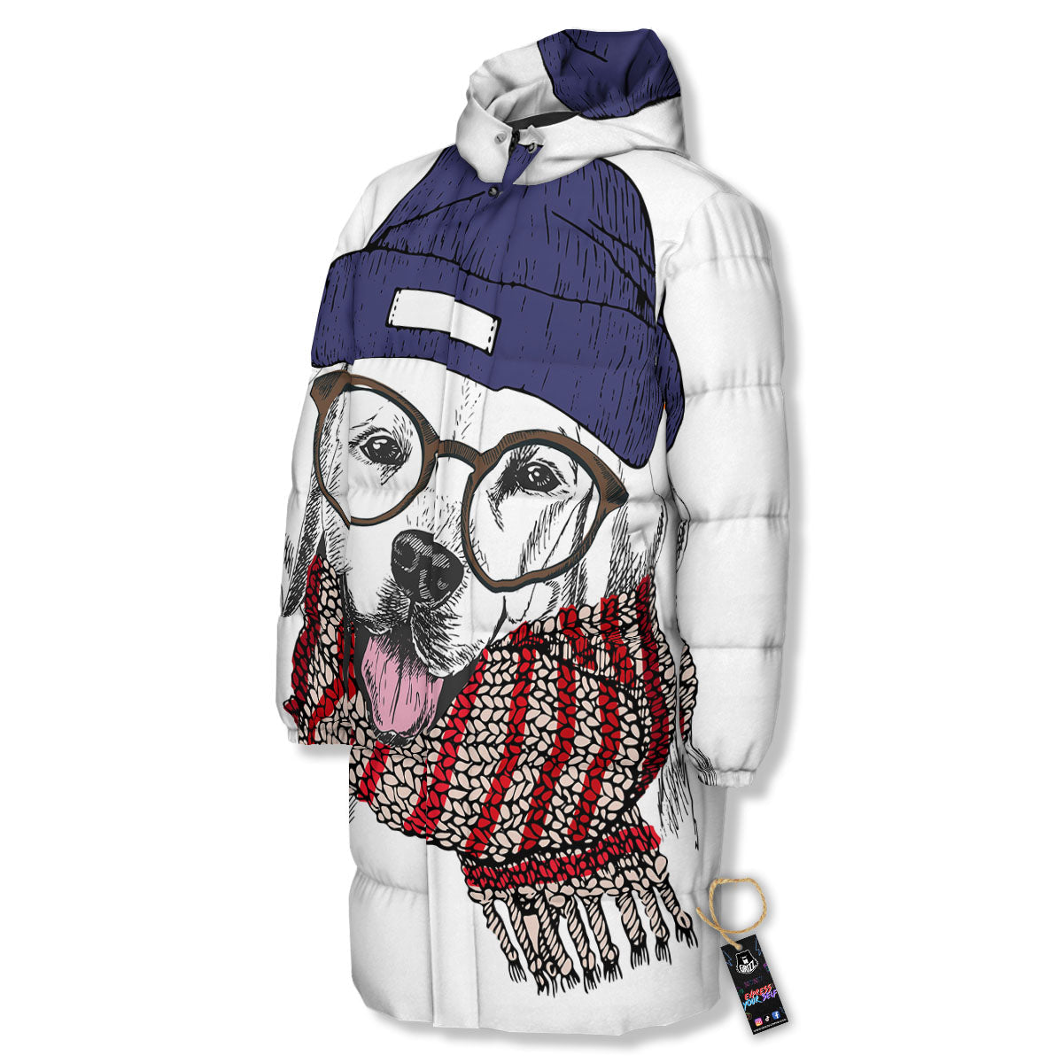 Golden Retriever Hipster Print Long Down Jacket-grizzshop
