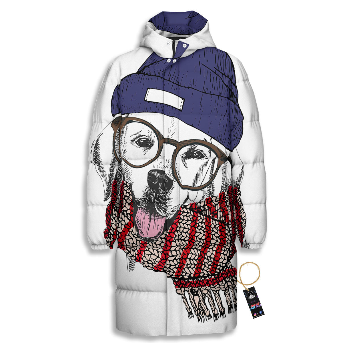 Golden Retriever Hipster Print Long Down Jacket-grizzshop