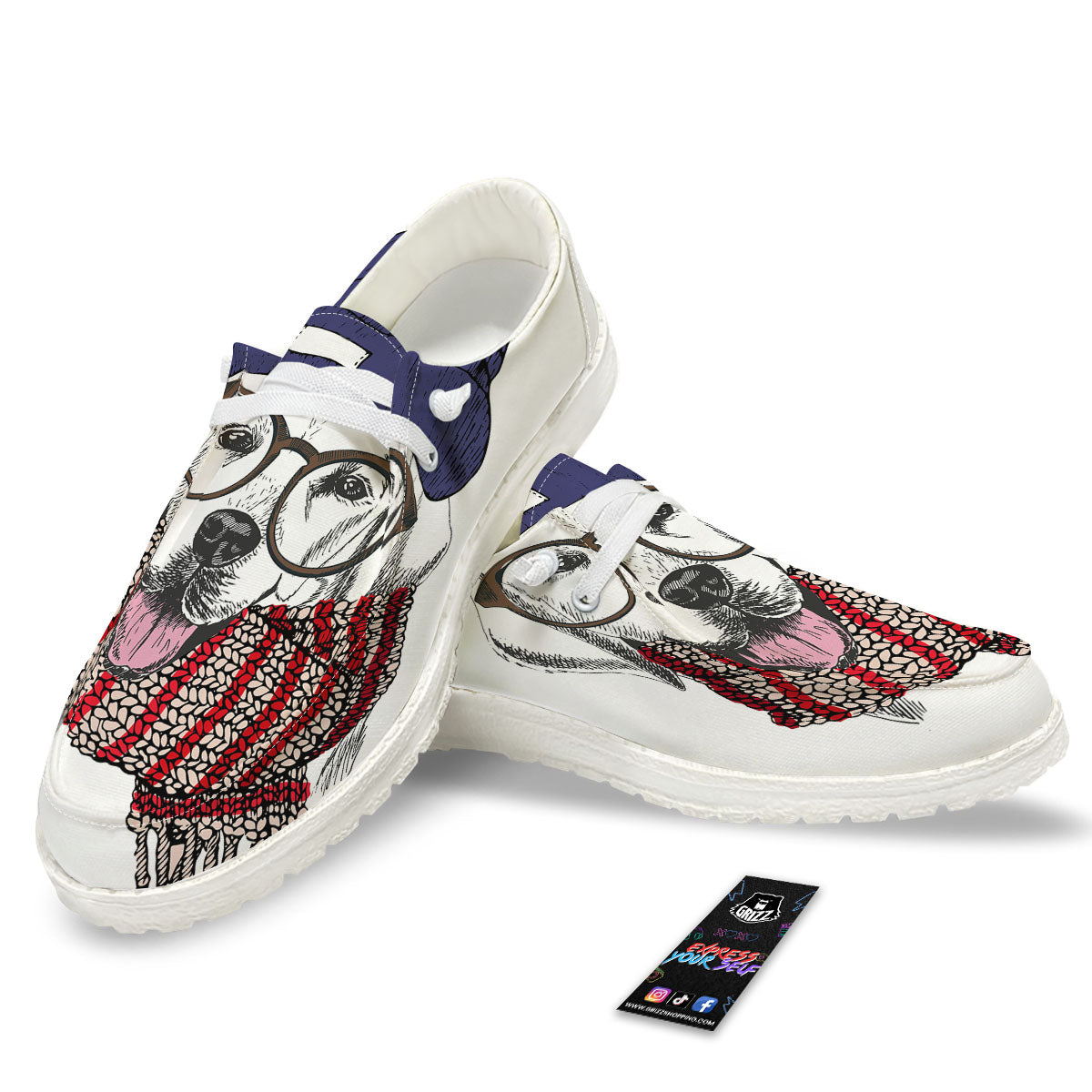 Golden Retriever Hipster Print White Loafers-grizzshop