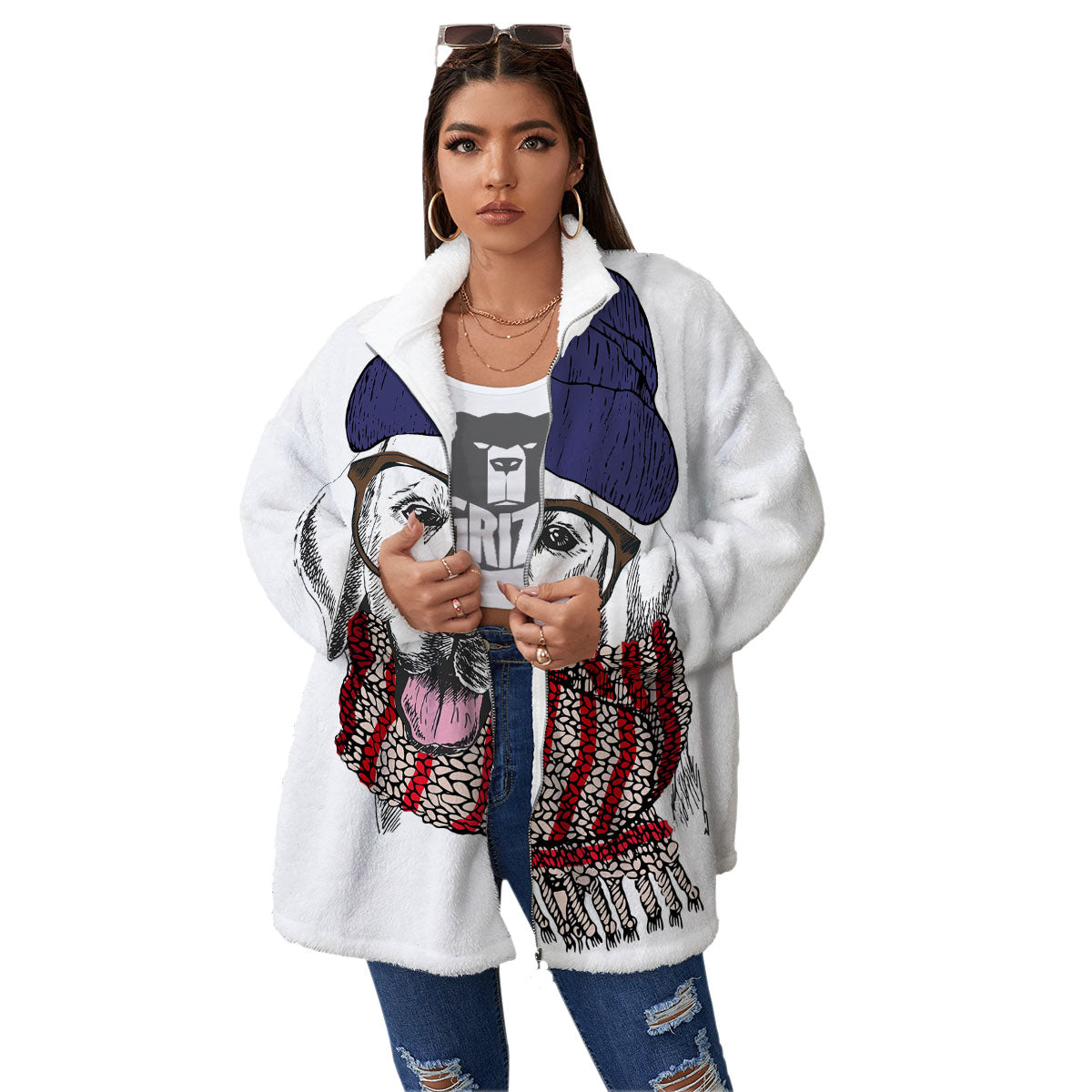 Golden Retriever Hipster Print Women's Sherpa Jacket-grizzshop