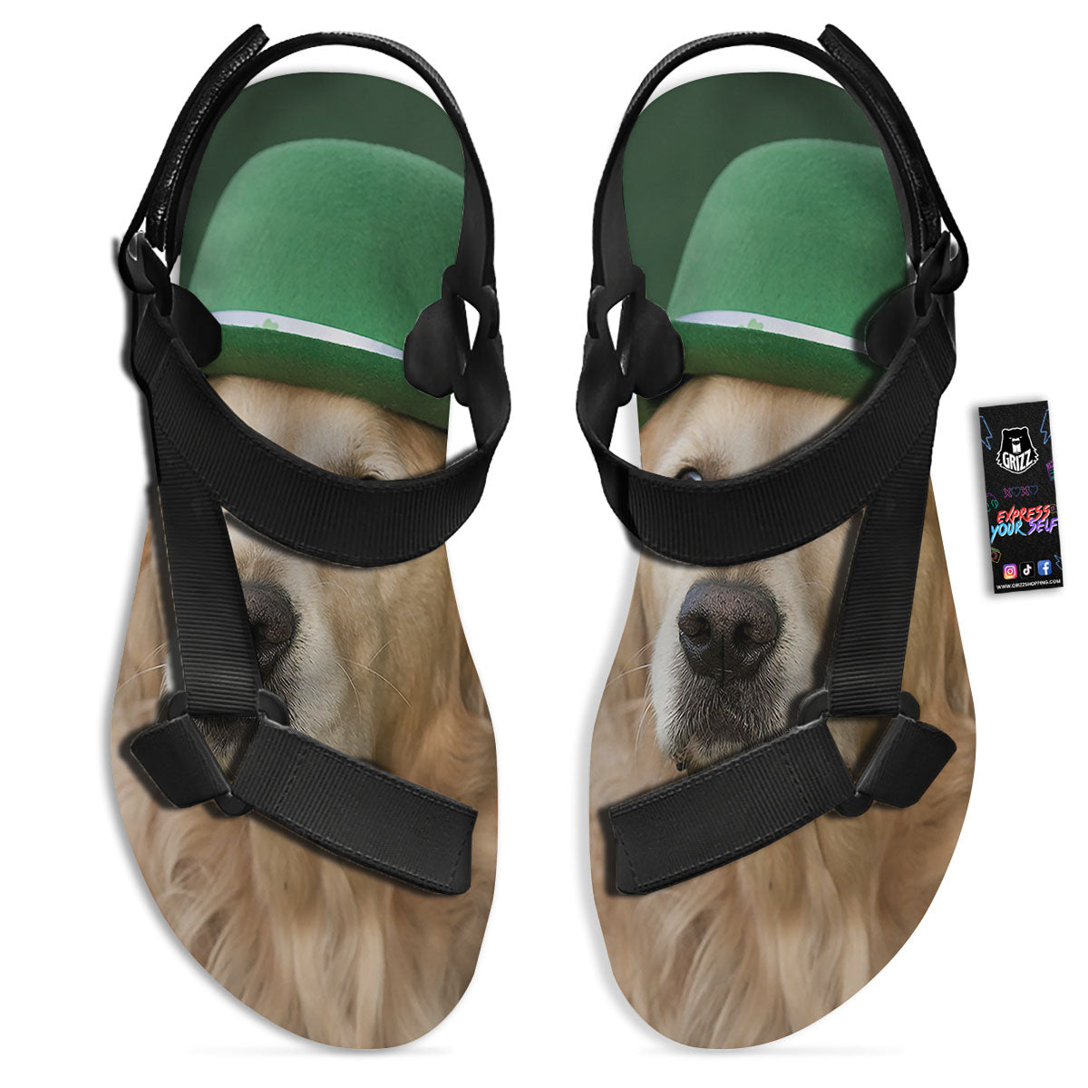 Golden Retriever Patrick's Day Print Black Open Toe Sandals-grizzshop