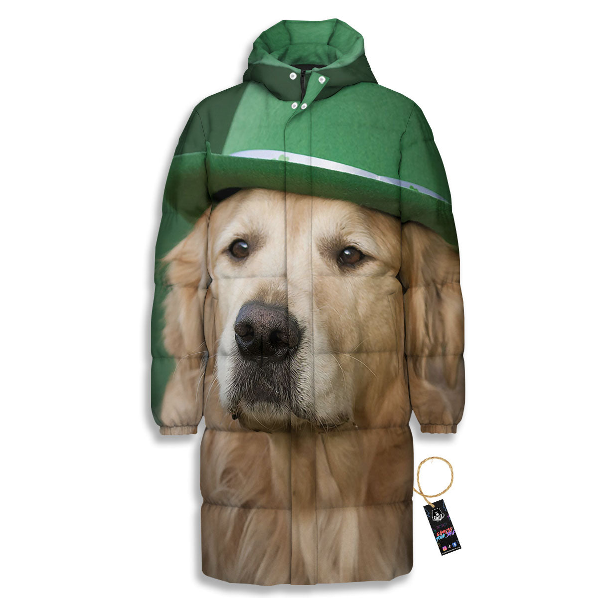 Golden Retriever Patrick's Day Print Long Down Jacket-grizzshop