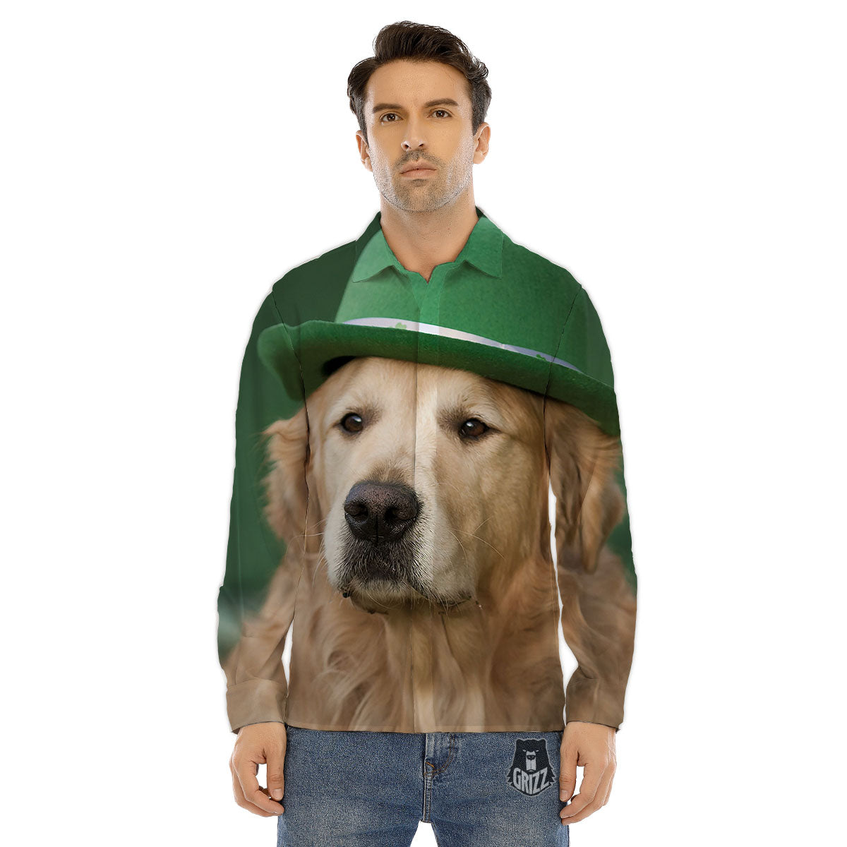 Golden Retriever Patrick's Day Print Men's Dress Shirts-grizzshop